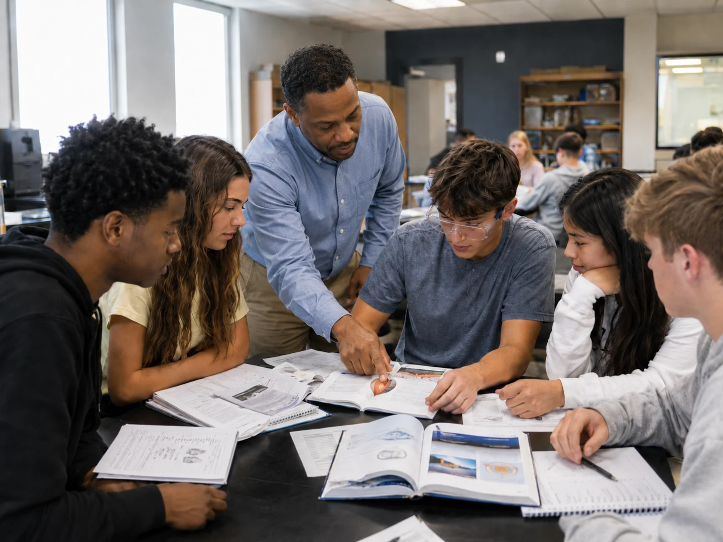 Students working together on problems in a classroom
